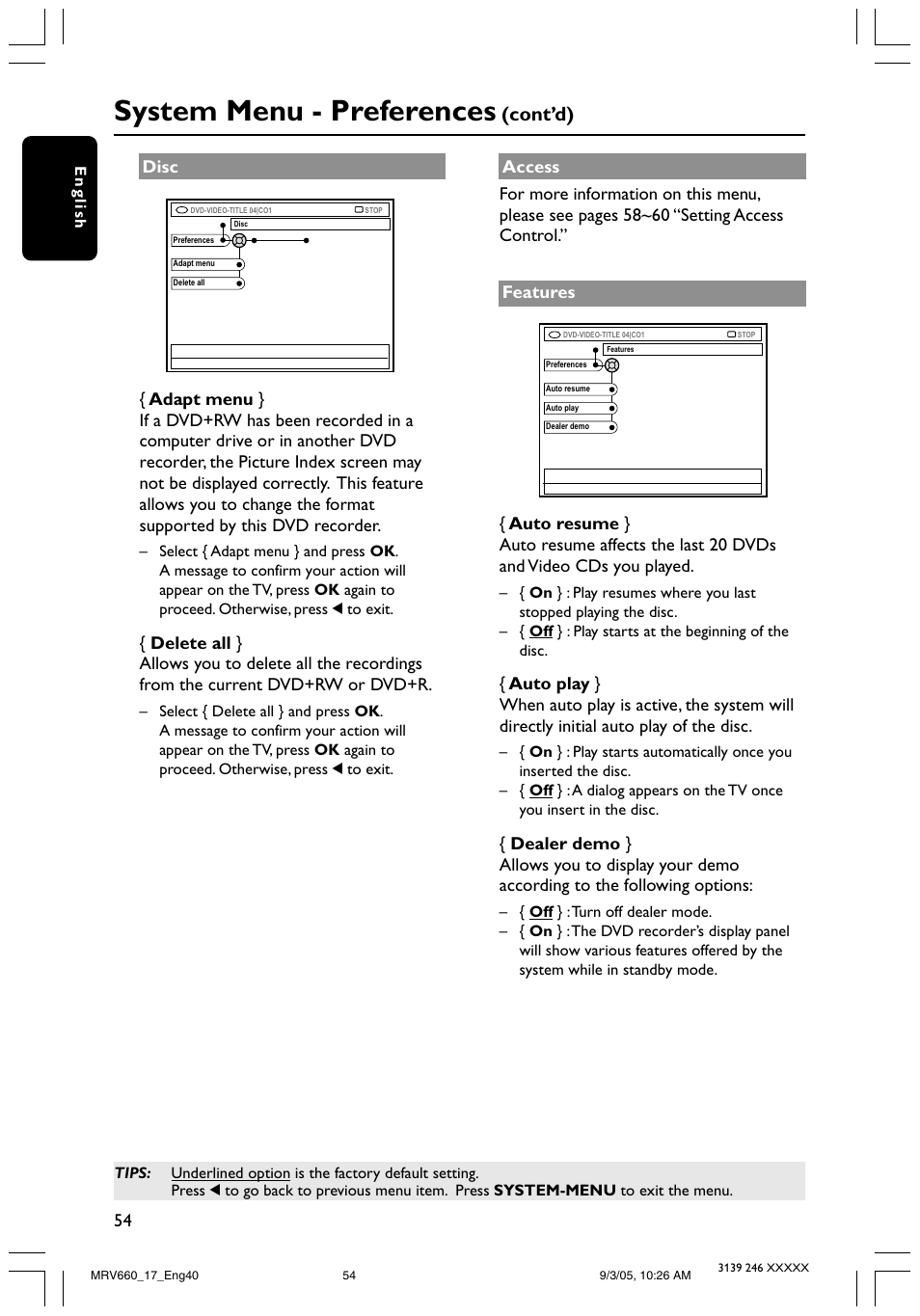 System menu - preferences, Cont’d), Disc | Philips Magnavox MRV660 User Manual | Page 54 / 70