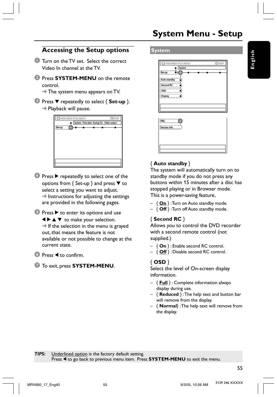 System menu - setup, Accessing the setup options 1 | Philips Magnavox MRV660 User Manual | Page 55 / 70