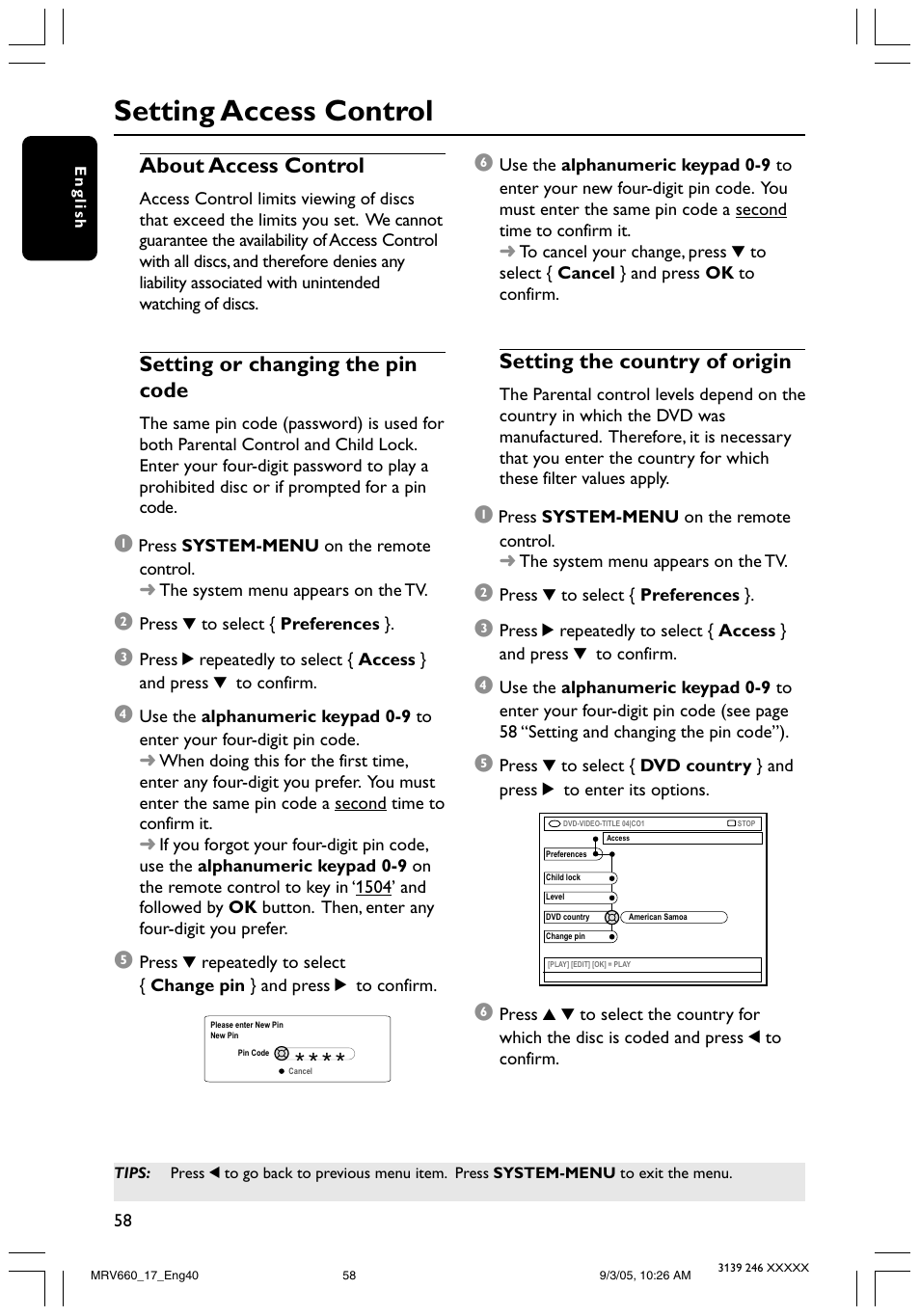 Setting access control, About access control, Setting or changing the pin code | Setting the country of origin | Philips Magnavox MRV660 User Manual | Page 58 / 70