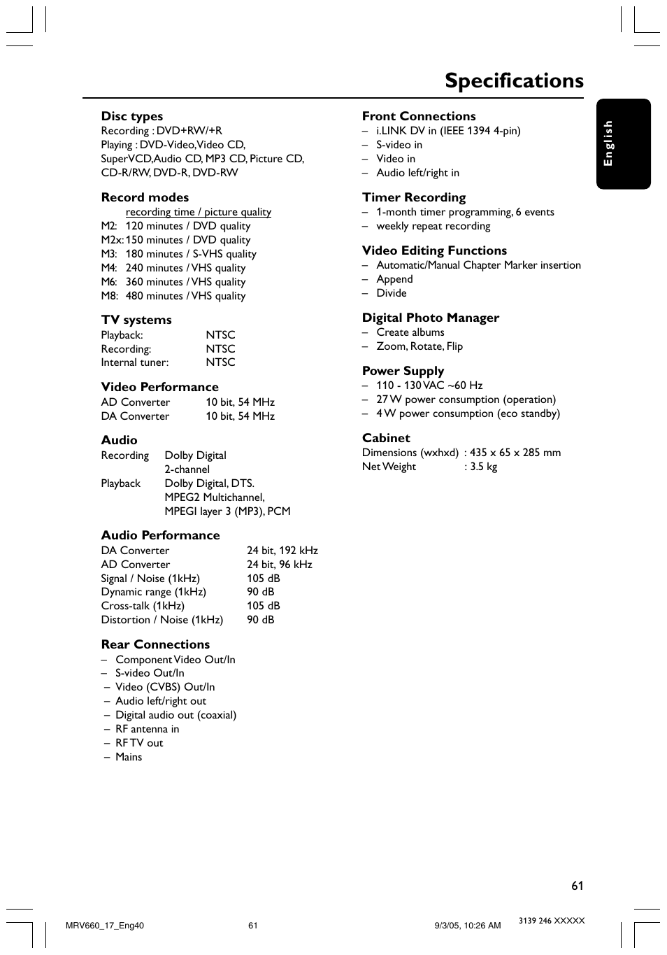Specifications | Philips Magnavox MRV660 User Manual | Page 61 / 70