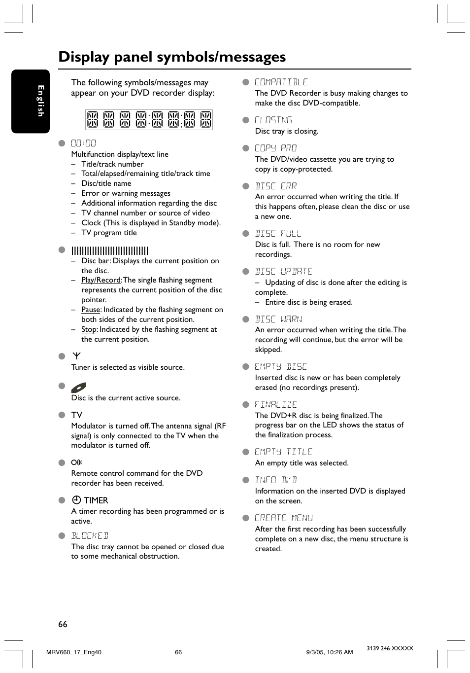 Display panel symbols/messages | Philips Magnavox MRV660 User Manual | Page 66 / 70