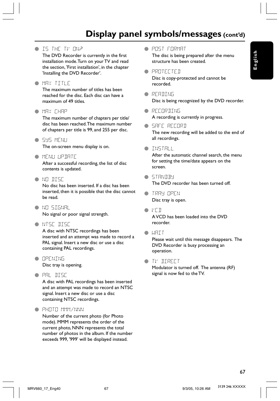 Display panel symbols/messages | Philips Magnavox MRV660 User Manual | Page 67 / 70