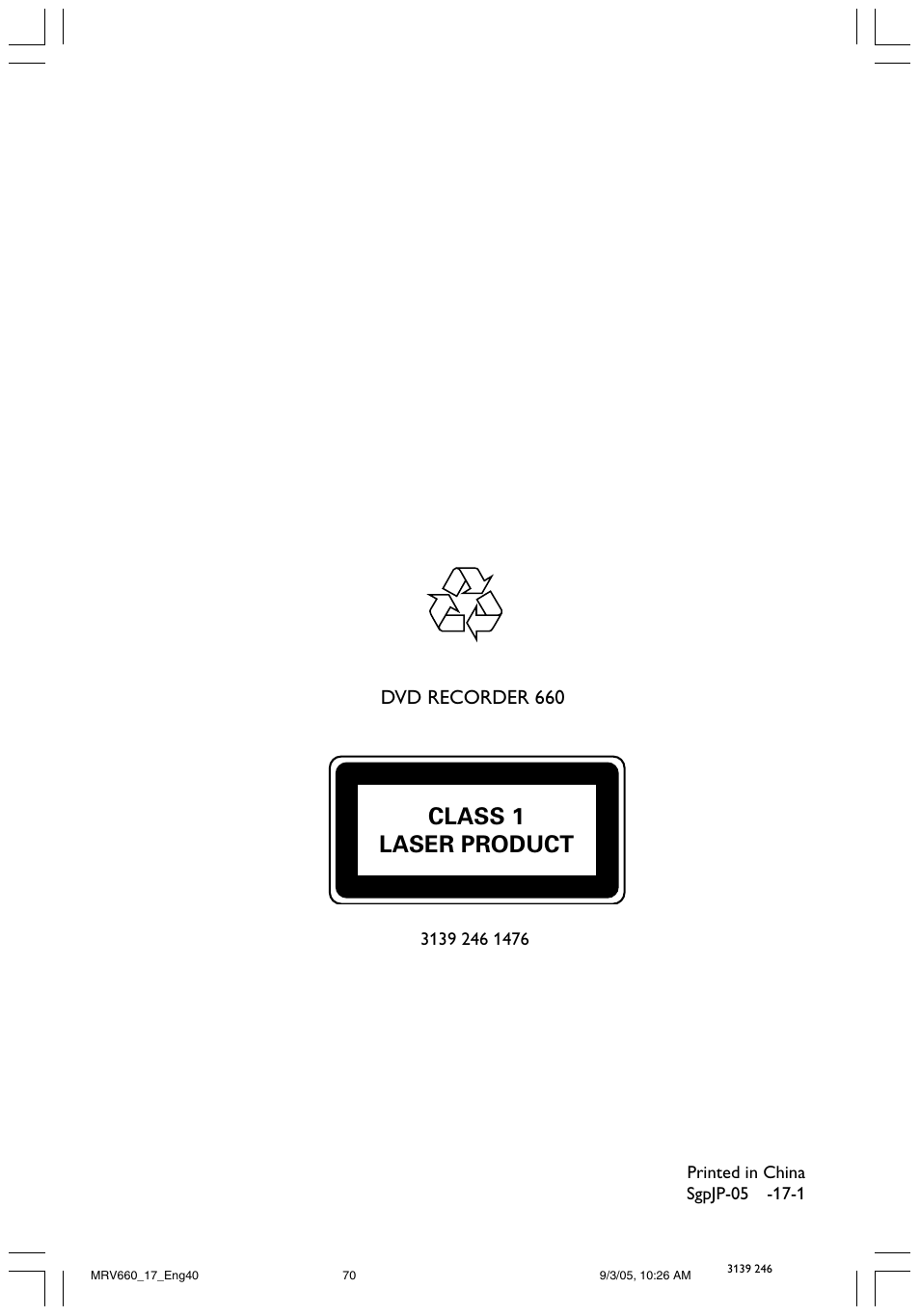 Class 1 laser product | Philips Magnavox MRV660 User Manual | Page 70 / 70