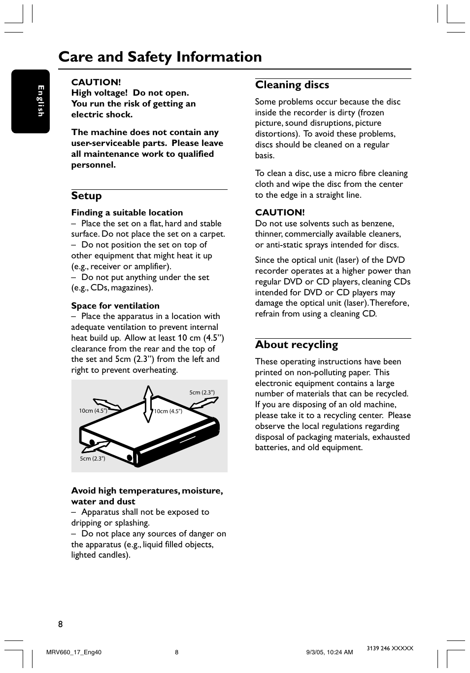 Care and safety information, Setup, Cleaning discs | About recycling | Philips Magnavox MRV660 User Manual | Page 8 / 70