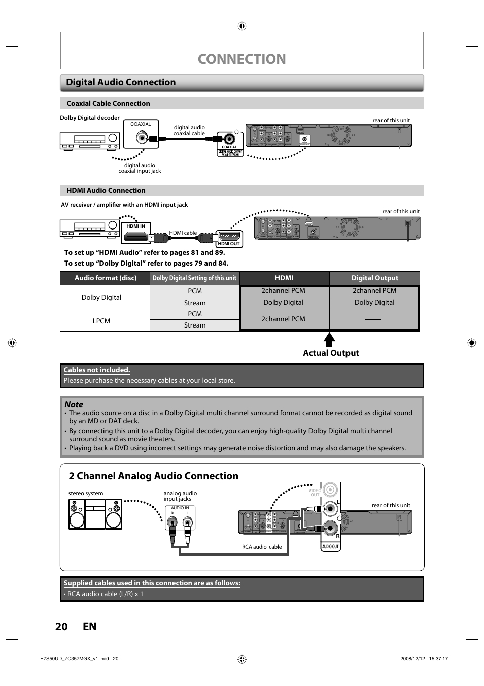 Connection, 20 en 20 en, 2 channel analog audio connection | Digital audio connection, Actual output, Coaxial cable connection, Ypb / cb pr / cr, Dolby digital decoder, Av receiver / amplifier with an hdmi input jack, Rear of this unit | Philips Magnavox ZC357MGX User Manual | Page 22 / 104