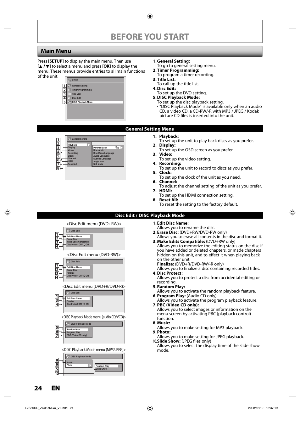 Before you start, 24 en 24 en, Main menu | Disc edit / disc playback mode, General setting menu | Philips Magnavox ZC357MGX User Manual | Page 26 / 104