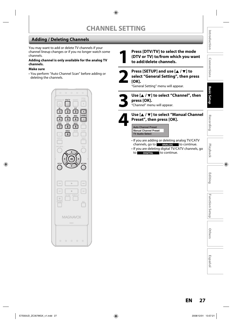 Channel setting | Philips Magnavox ZC357MGX User Manual | Page 29 / 104