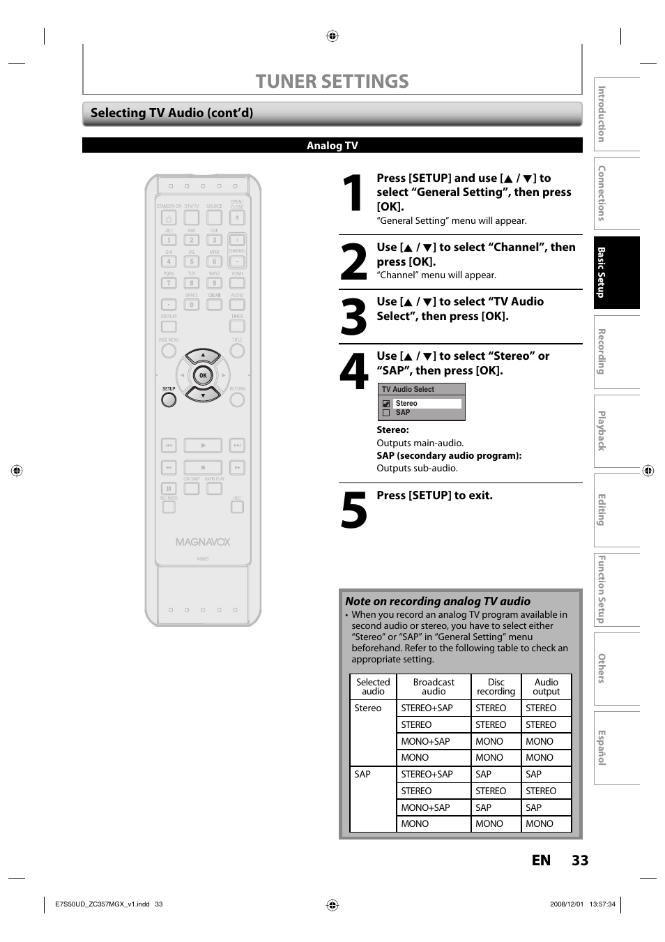 Tuner settings | Philips Magnavox ZC357MGX User Manual | Page 35 / 104