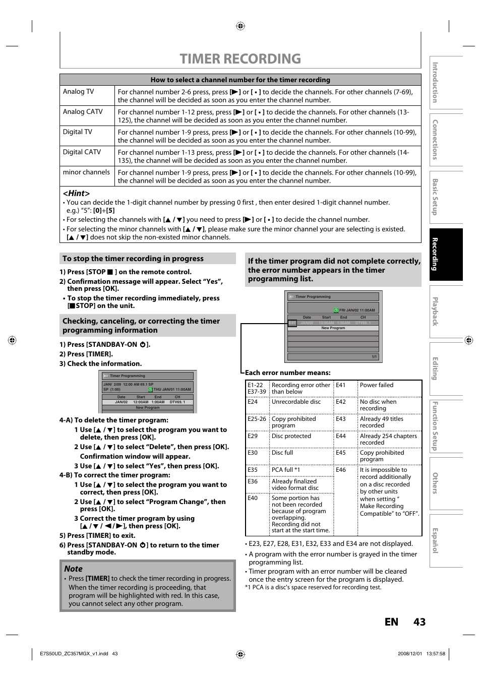 Timer recording, 43 en 43 en, Hint | Philips Magnavox ZC357MGX User Manual | Page 45 / 104