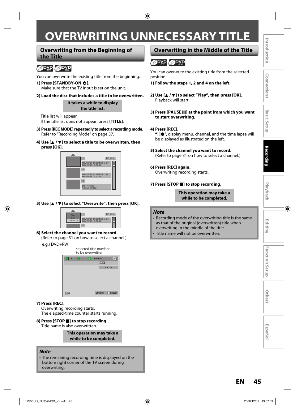 Overwriting unnecessary title, 45 en 45 en, Overwriting from the beginning of the title | Overwriting in the middle of the title | Philips Magnavox ZC357MGX User Manual | Page 47 / 104