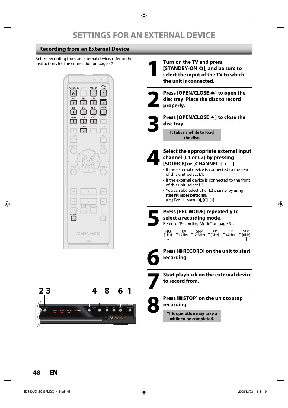 Settings for an external device | Philips Magnavox ZC357MGX User Manual | Page 50 / 104