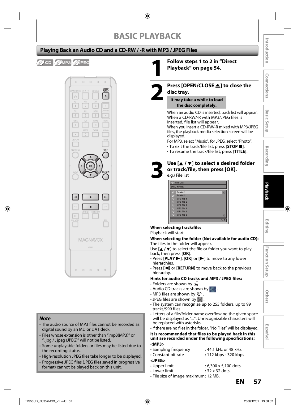 Basic playback, 57 en 57 en | Philips Magnavox ZC357MGX User Manual | Page 59 / 104