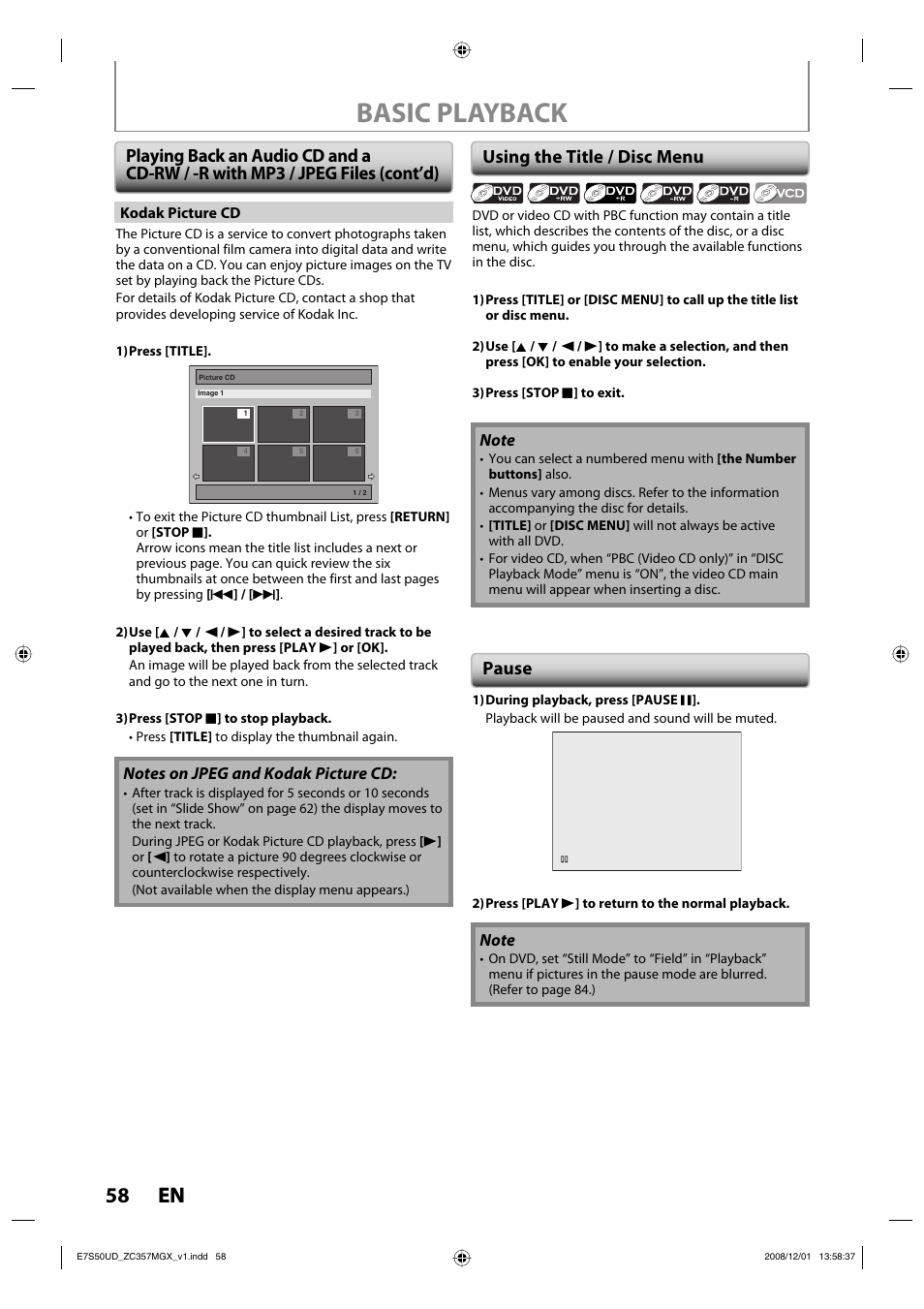 Basic playback, 58 en 58 en, Using the title / disc menu | Pause | Philips Magnavox ZC357MGX User Manual | Page 60 / 104