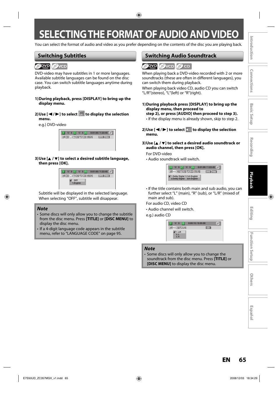 Selecting the format of audio and video, 65 en 65 en, Switching subtitles | Switching audio soundtrack | Philips Magnavox ZC357MGX User Manual | Page 67 / 104