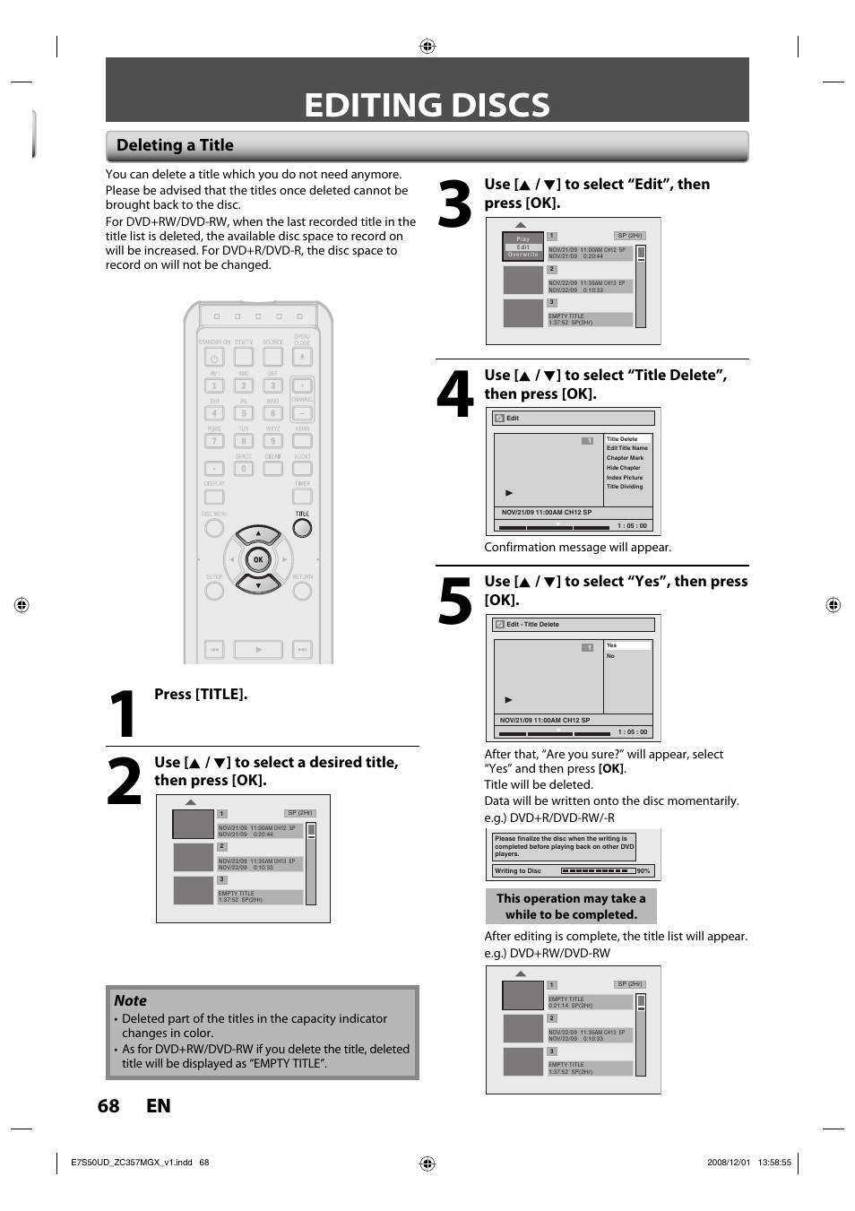 Editing discs, 68 en 68 en, Deleting a title | Philips Magnavox ZC357MGX User Manual | Page 70 / 104