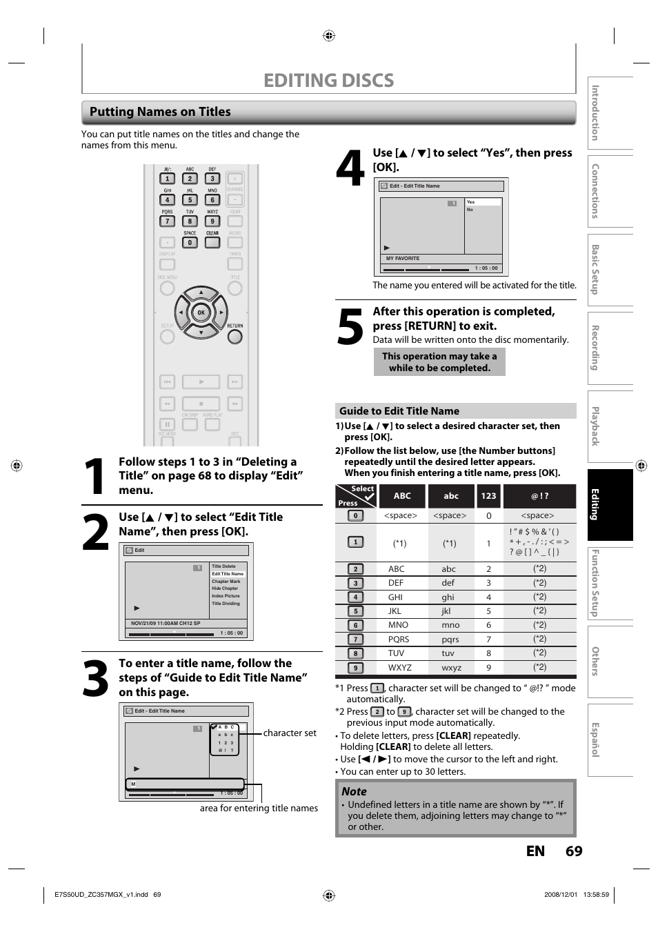 Editing discs, 69 en 69 en, Putting names on titles | Philips Magnavox ZC357MGX User Manual | Page 71 / 104