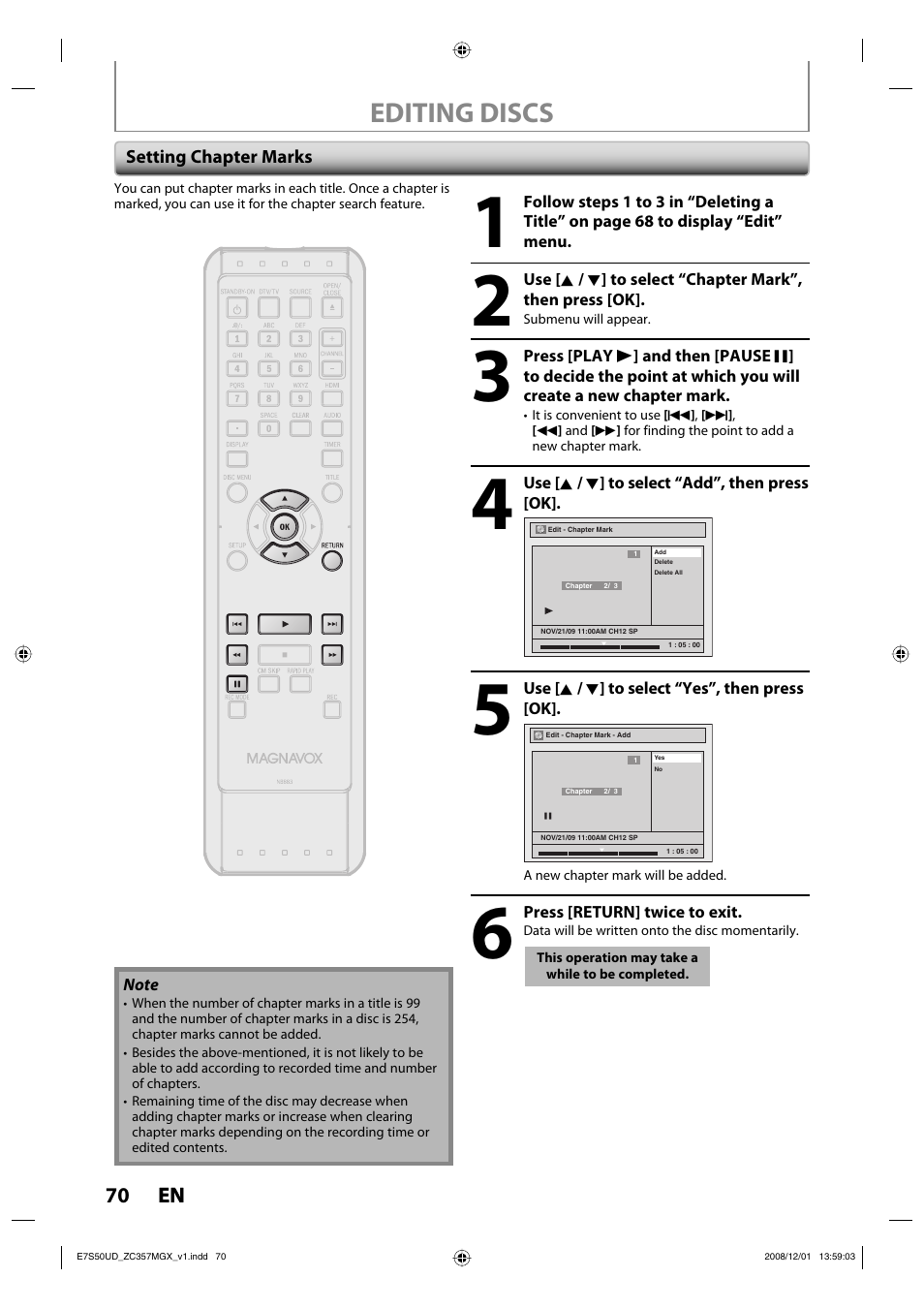 Editing discs | Philips Magnavox ZC357MGX User Manual | Page 72 / 104