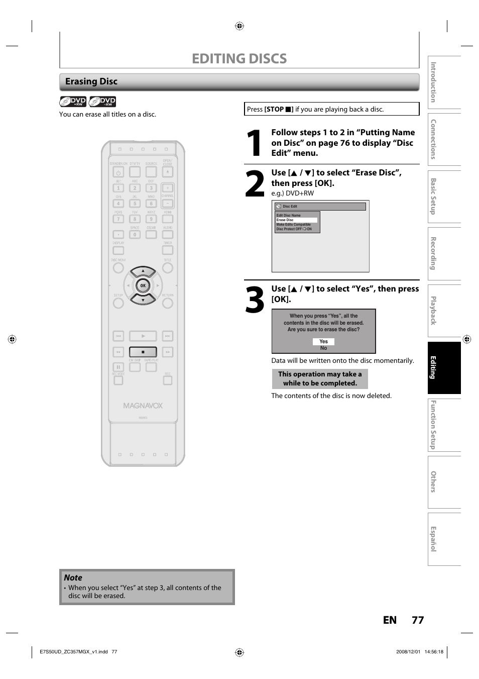 Editing discs | Philips Magnavox ZC357MGX User Manual | Page 79 / 104