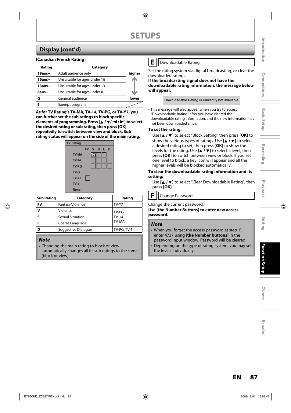 Setups, 87 en 87 en, Display (cont’d) | Philips Magnavox ZC357MGX User Manual | Page 89 / 104