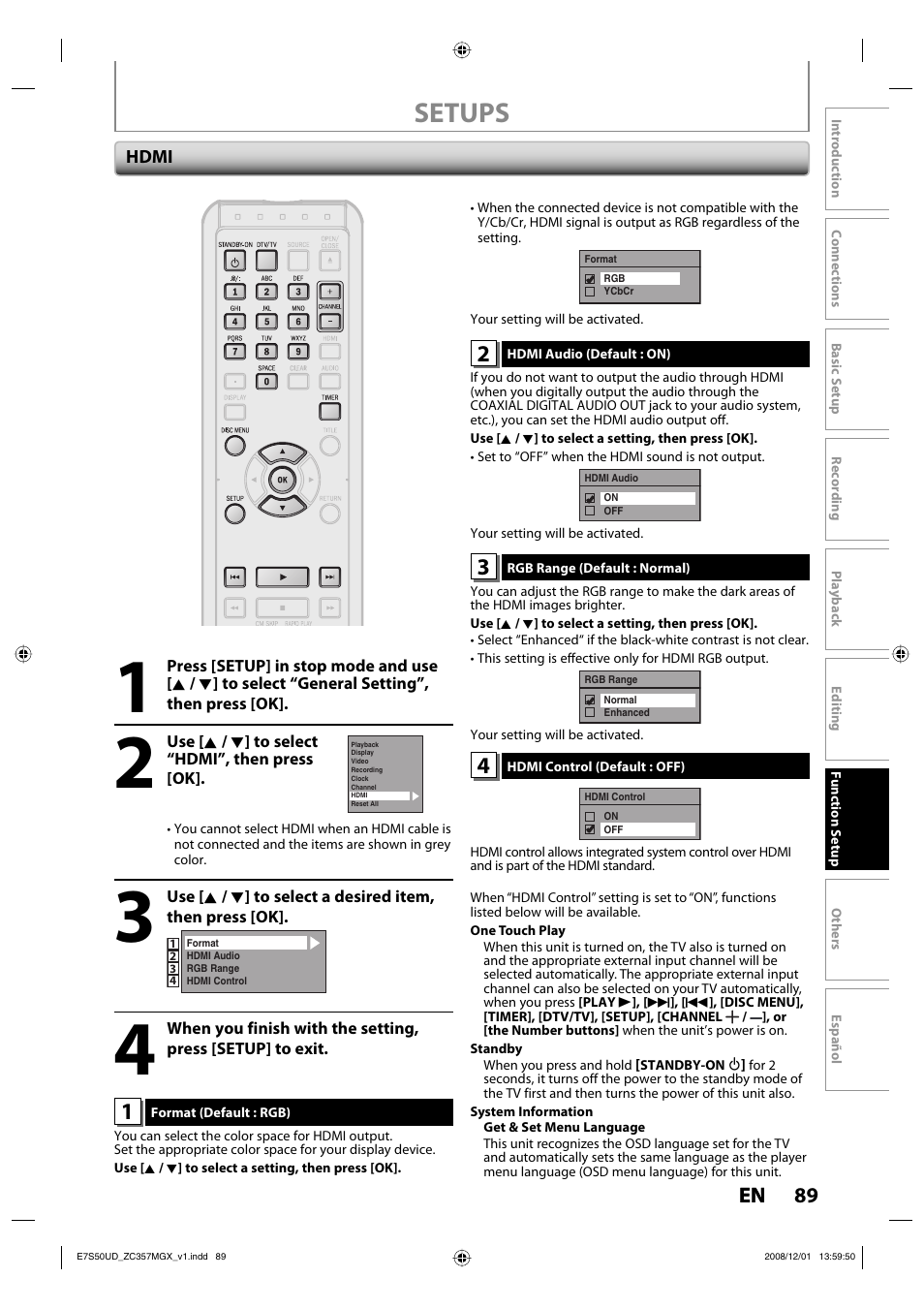 Setups, 89 en 89 en | Philips Magnavox ZC357MGX User Manual | Page 91 / 104