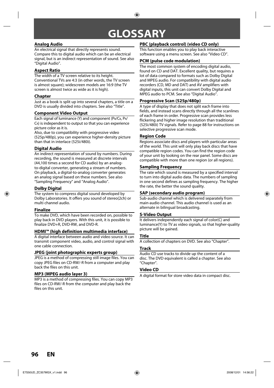 Glossary, 96 en | Philips Magnavox ZC357MGX User Manual | Page 98 / 104