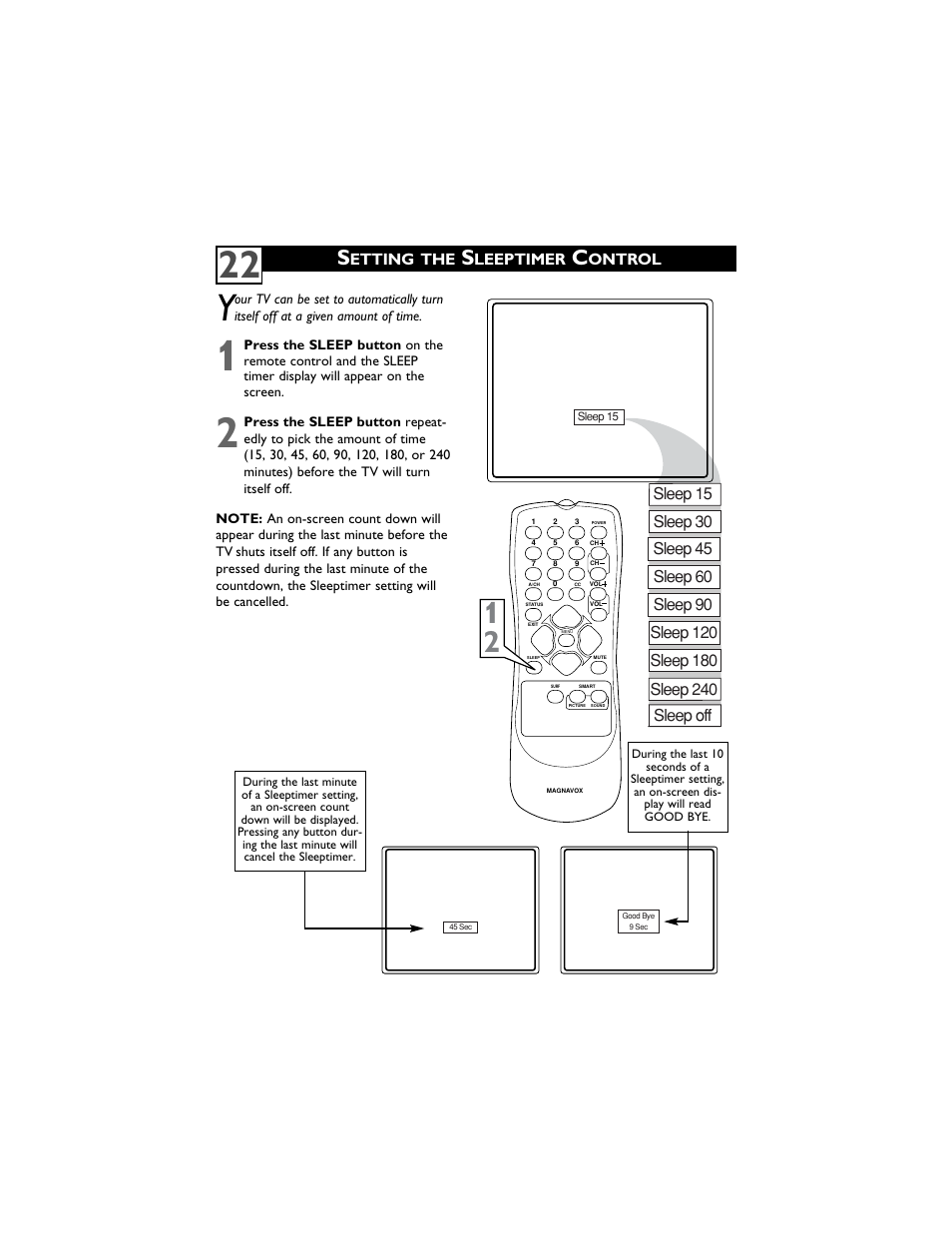 Etting the, Leeptimer, Ontrol | Philips Magnavox 14MS2331/17 User Manual | Page 26 / 36