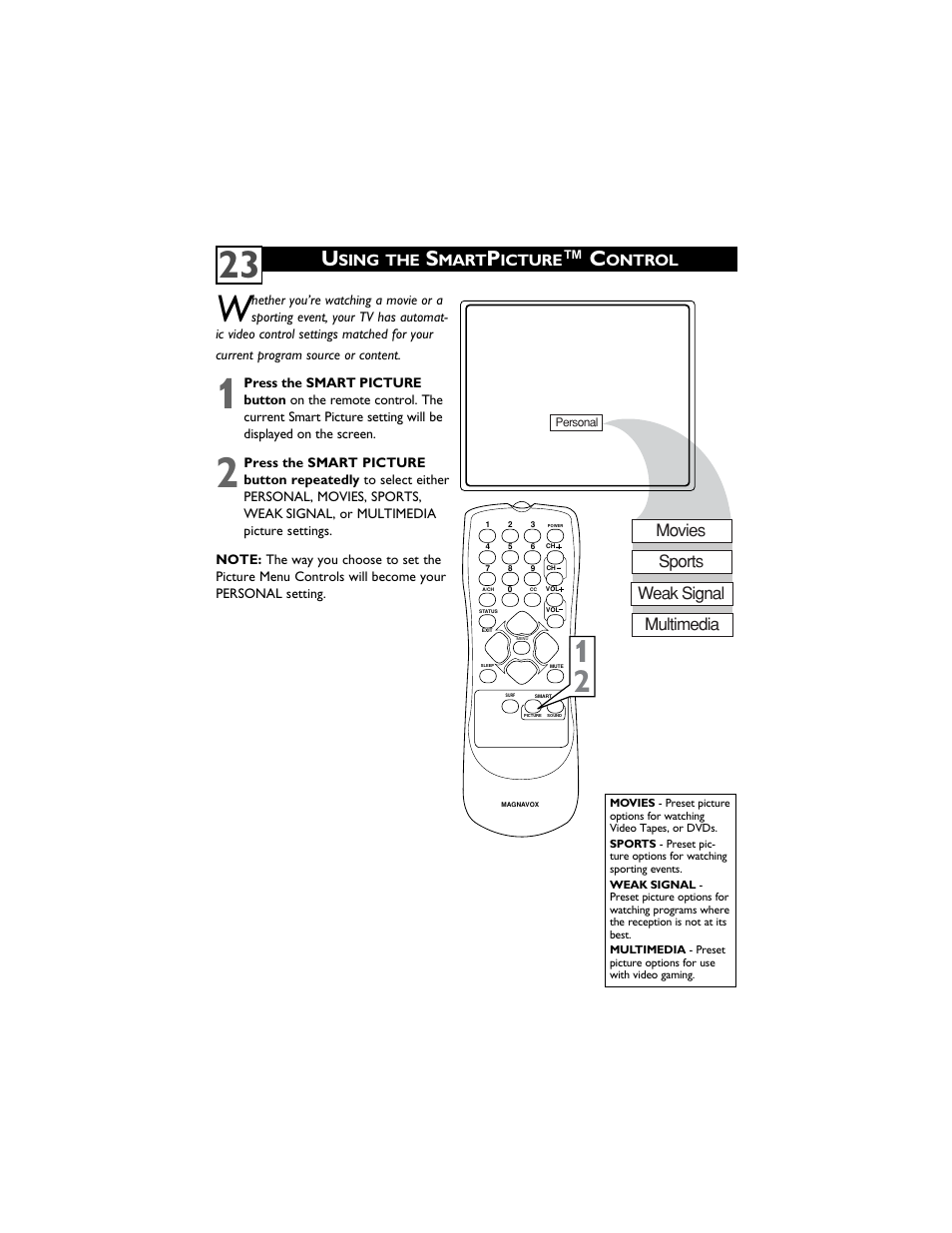 23 w, Movies sports weak signal multimedia | Philips Magnavox 14MS2331/17 User Manual | Page 27 / 36