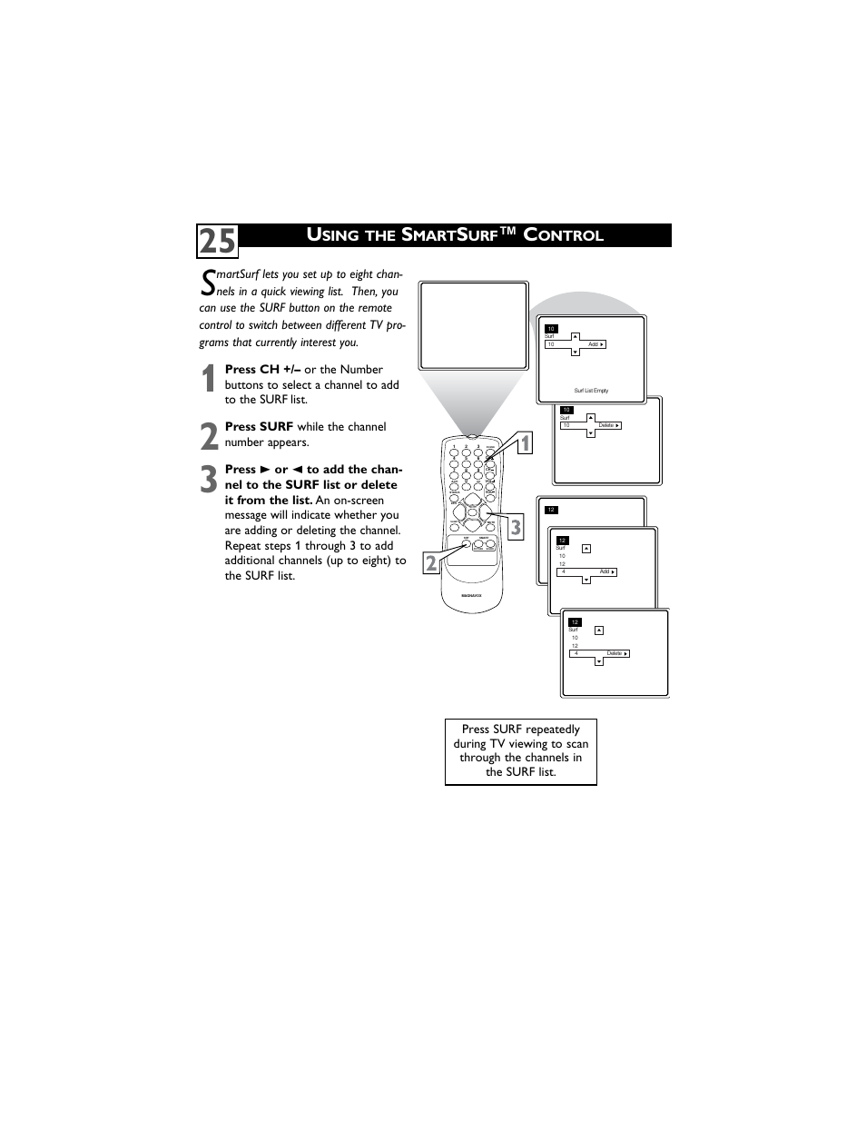 Sing the, Mart, Ontrol | Press surf while the channel number appears | Philips Magnavox 14MS2331/17 User Manual | Page 29 / 36