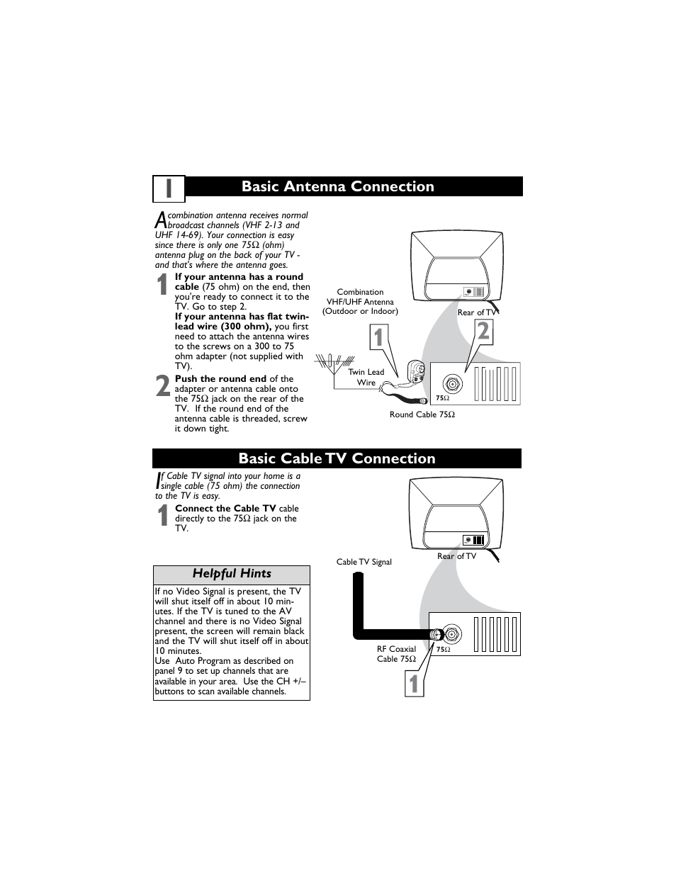 Basic cable tv connection basic antenna connection | Philips Magnavox 14MS2331/17 User Manual | Page 5 / 36