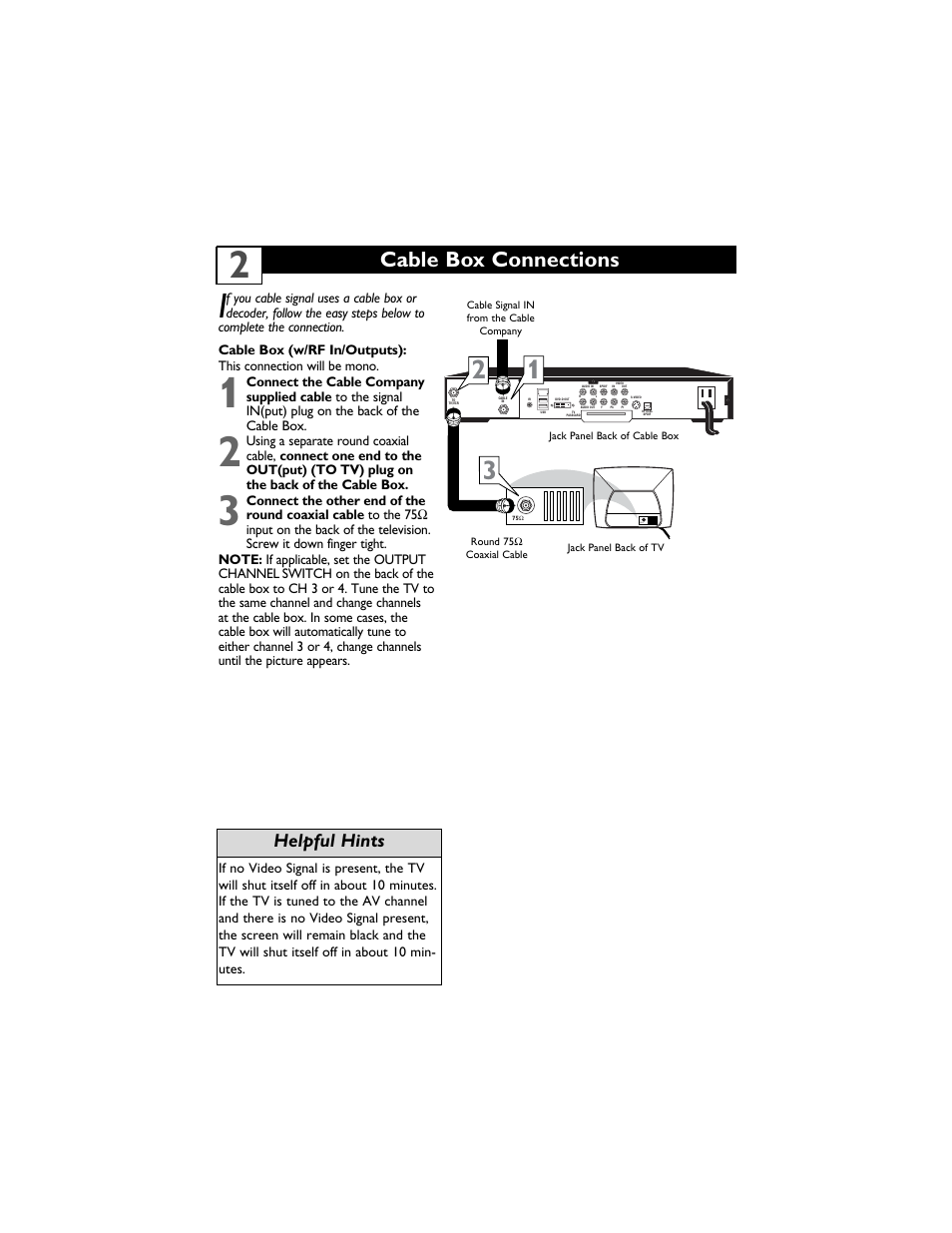 Cable box connections, Helpful hints | Philips Magnavox 14MS2331/17 User Manual | Page 6 / 36