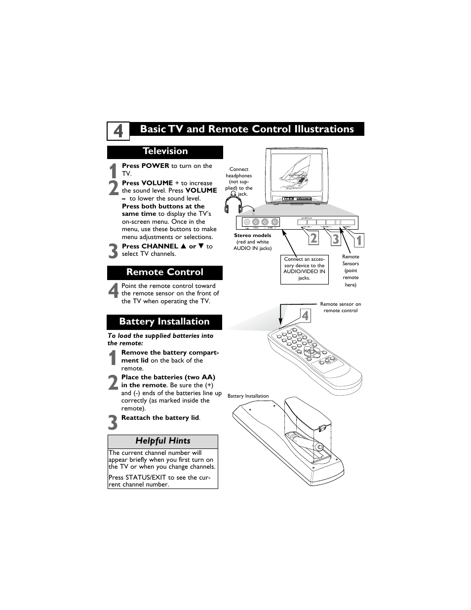 Basic tv and remote control illustrations, Television, Remote control | Battery installation, Helpful hints | Philips Magnavox 14MS2331/17 User Manual | Page 8 / 36