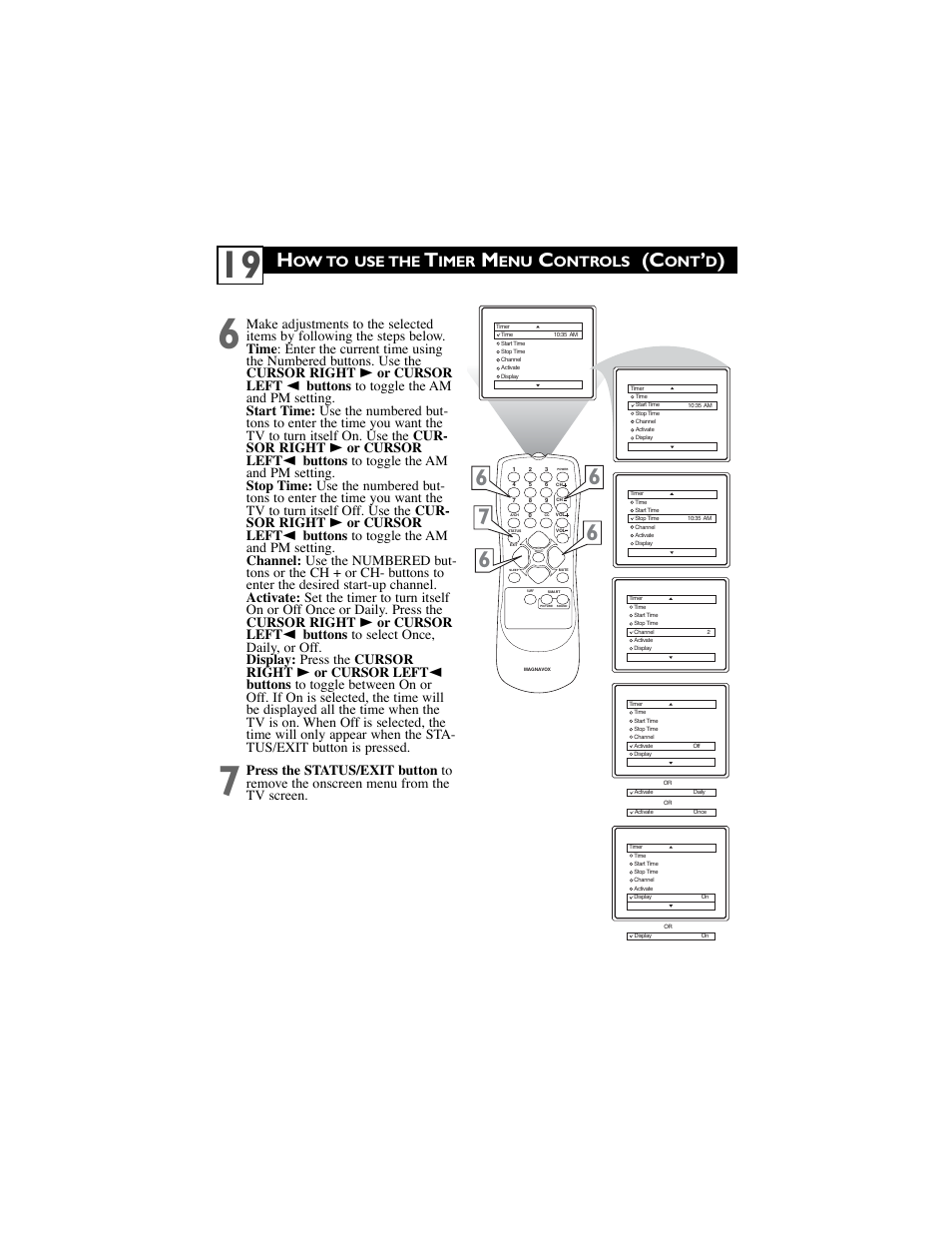 Ow to use the, Imer, Ontrols | Philips Magnavox 30MW5405/17 User Manual | Page 23 / 36