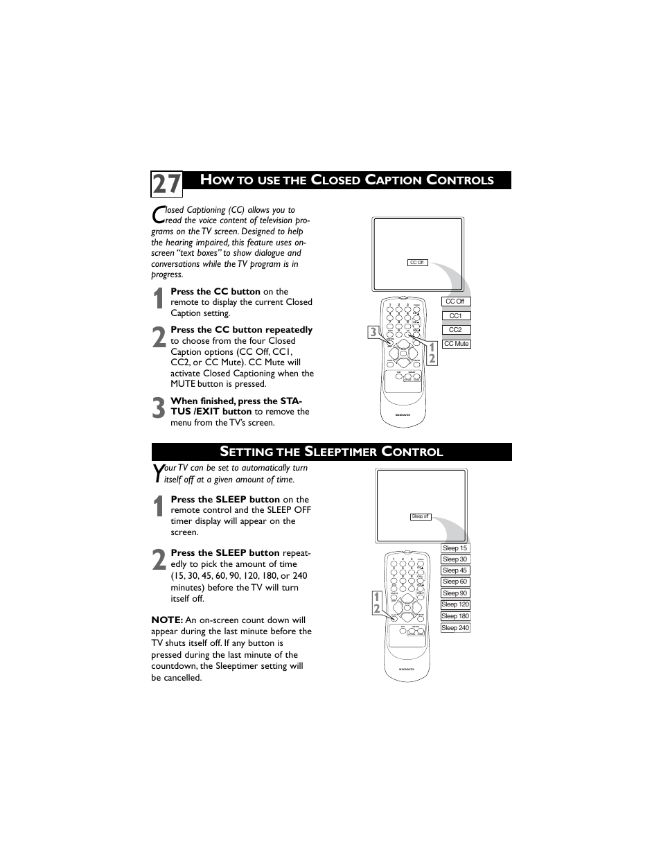 Etting the, Leeptimer, Ontrol | Ow to use the, Losed, Aption, Ontrols | Philips Magnavox 30MW5405/17 User Manual | Page 31 / 36