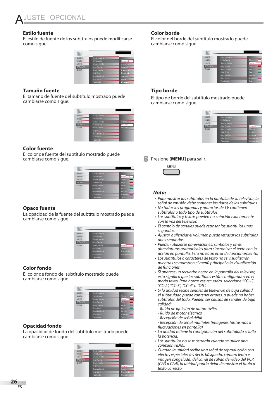 Juste opcional, Estilo fuente, Tamaño fuente | Color fuente, Opaco fuente, Color fondo, Opacidad fondo, Color borde, Tipo borde, Nota | Philips Magnavox 22MF339B User Manual | Page 104 / 118