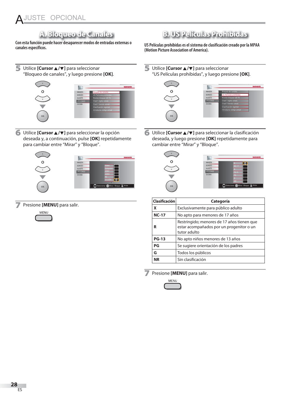 Juste opcional, A. bloqueo de canales, B. us películas prohibidas | Presione [menu] para salir | Philips Magnavox 22MF339B User Manual | Page 106 / 118