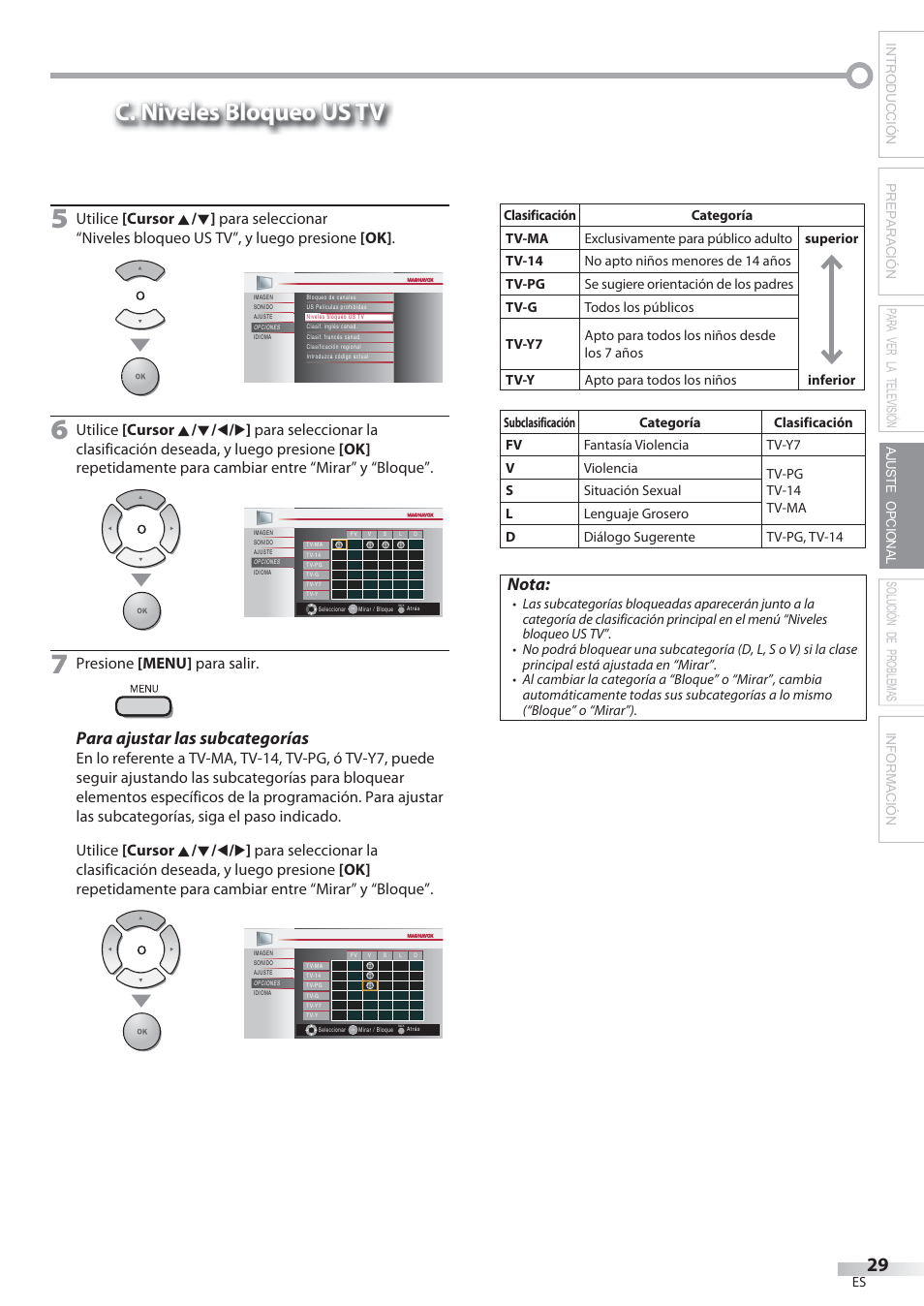 C. niveles bloqueo us tv, Para ajustar las subcategorías, Nota | Presione [menu] para salir | Philips Magnavox 22MF339B User Manual | Page 107 / 118