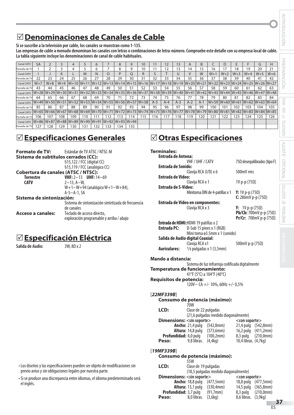 Especificaciones generales, Especificación eléctrica, Otras especificaciones | Denominaciones de canales de cable | Philips Magnavox 22MF339B User Manual | Page 115 / 118