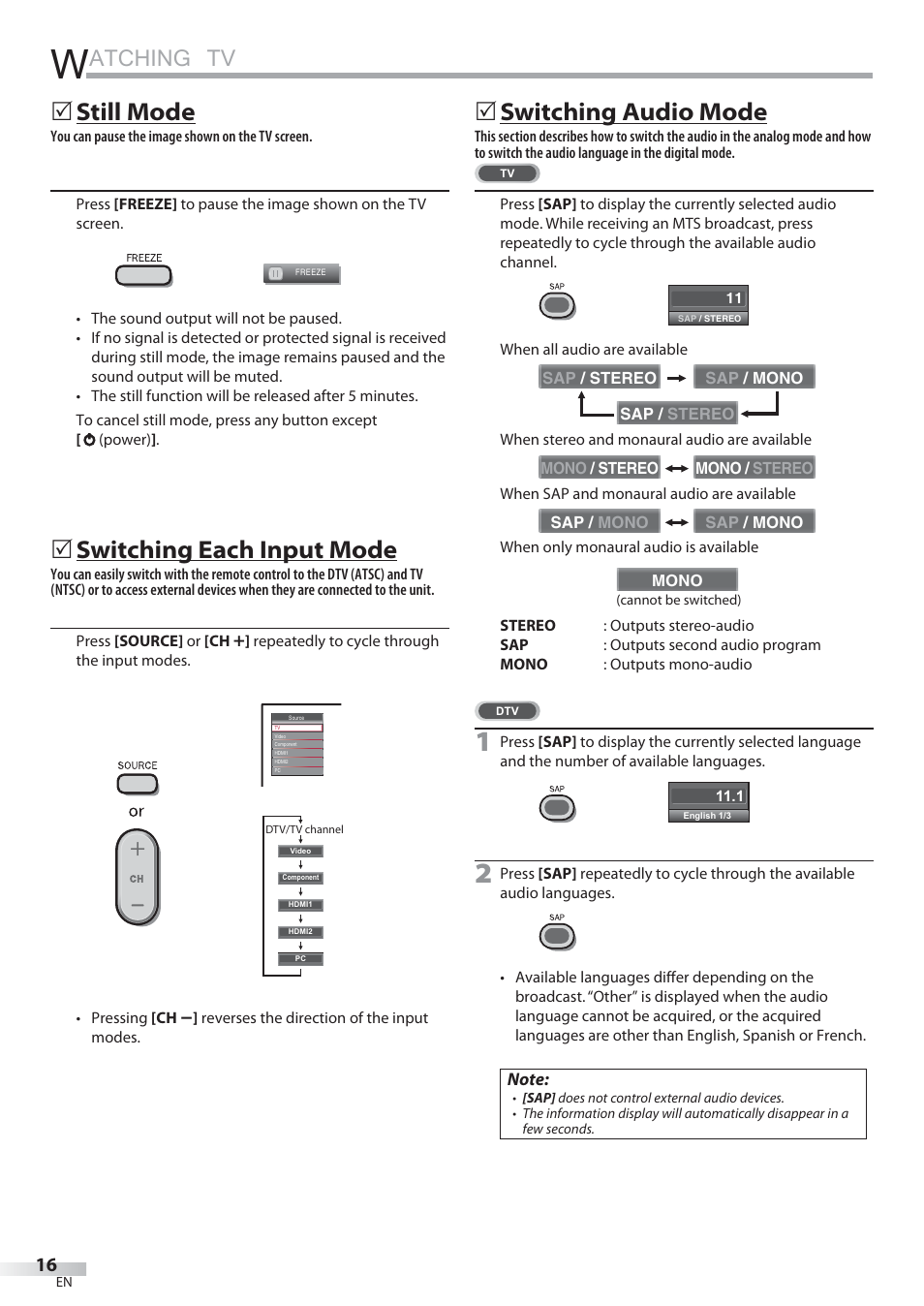 Atching tv, Still mode, Switching each input mode | Switching audio mode | Philips Magnavox 22MF339B User Manual | Page 16 / 118