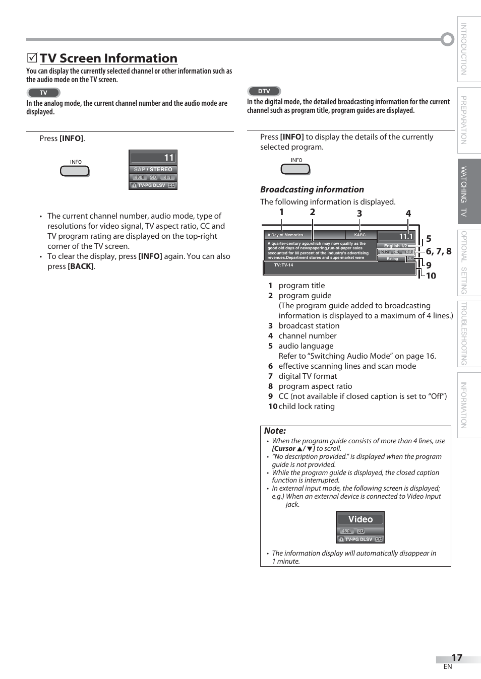 Tv screen information, Broadcasting information, Video | Philips Magnavox 22MF339B User Manual | Page 17 / 118