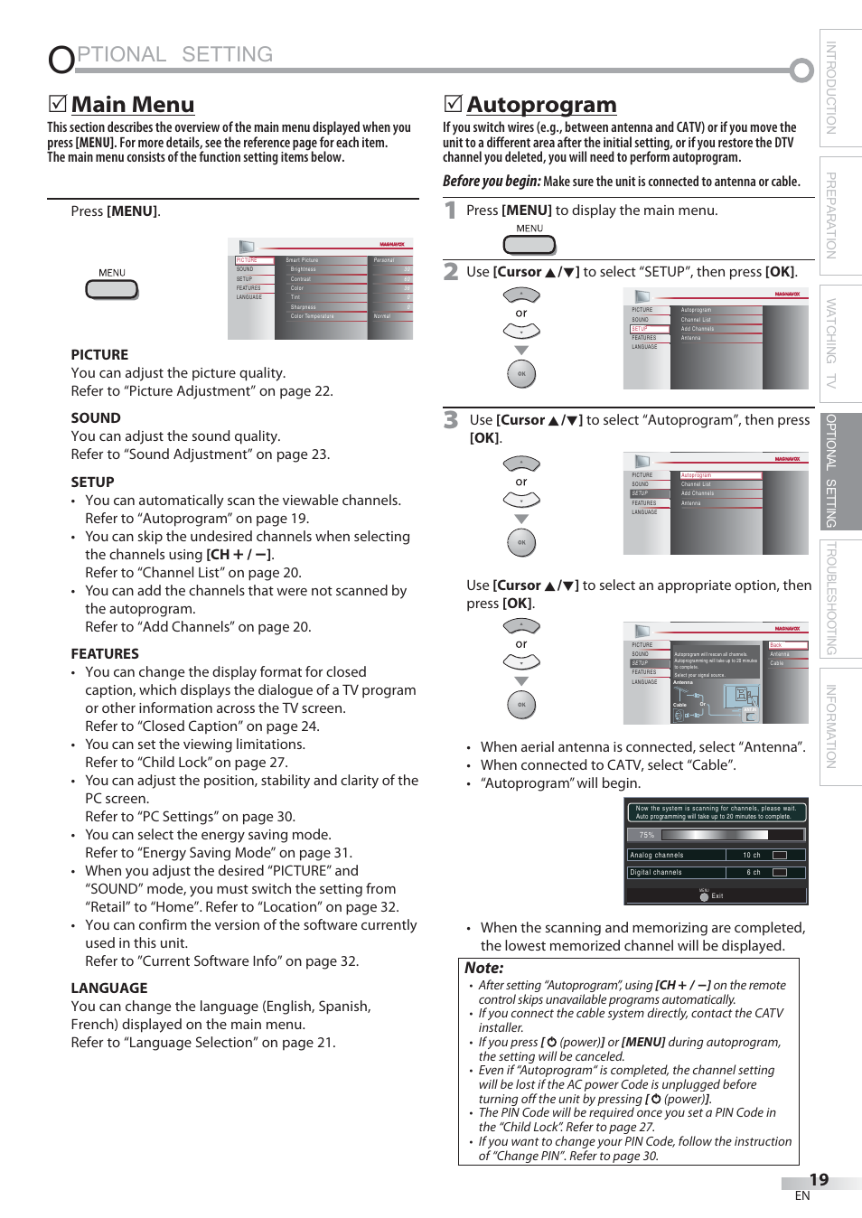 Ptional setting, Main menu, Autoprogram | Before you begin | Philips Magnavox 22MF339B User Manual | Page 19 / 118