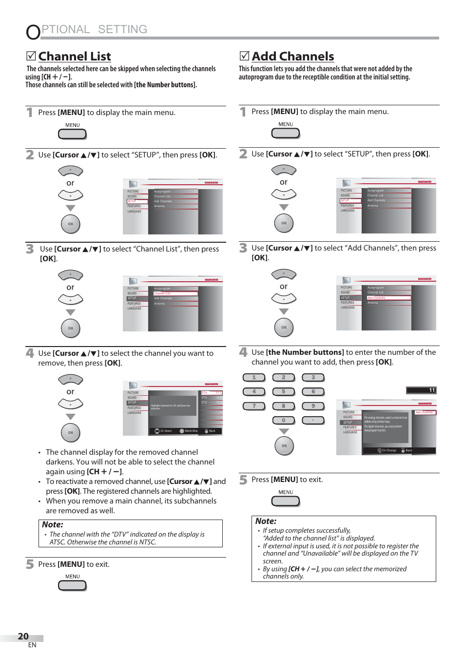 Ptional setting, Channel list, Add channels | Philips Magnavox 22MF339B User Manual | Page 20 / 118