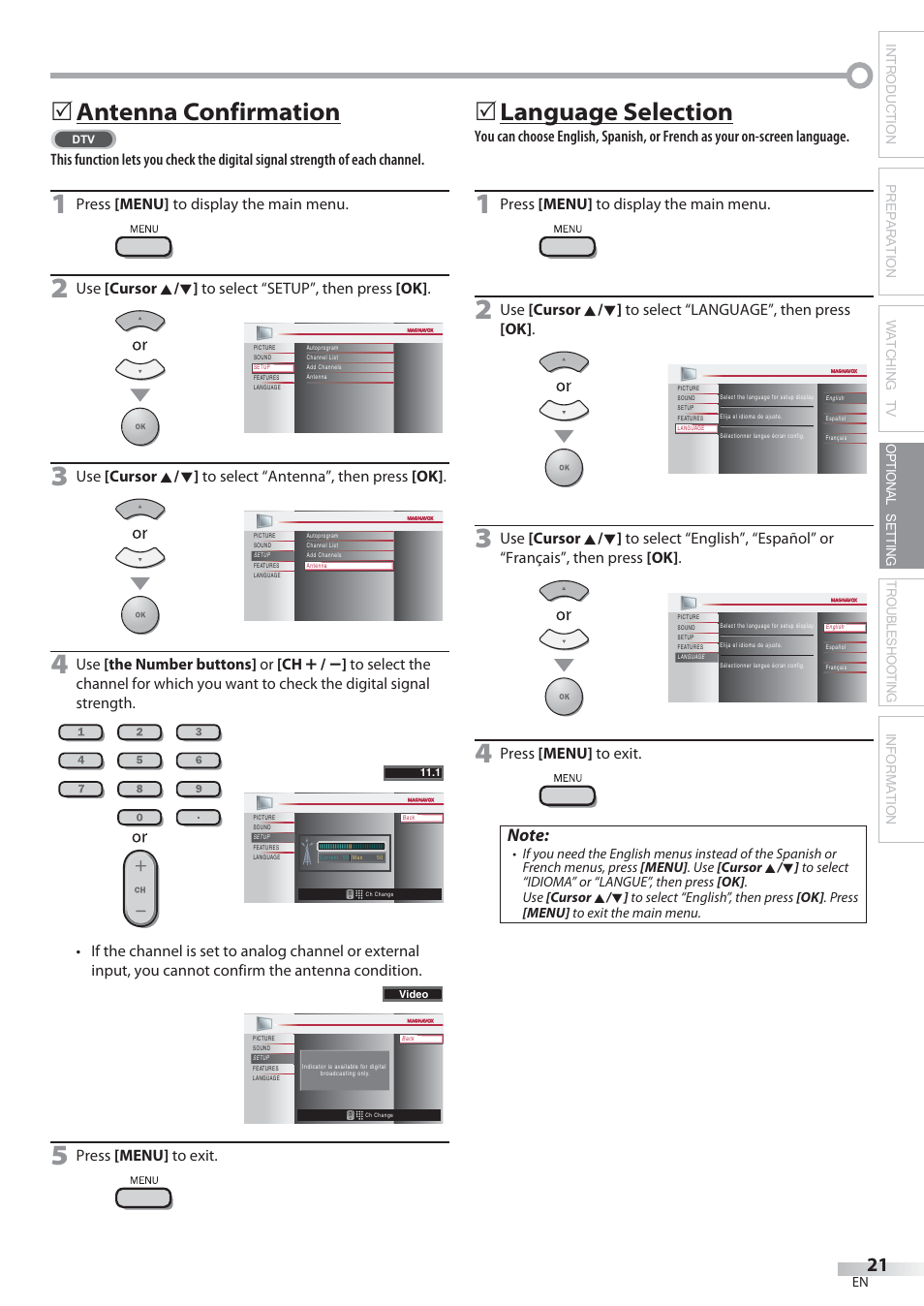 Antenna confirmation, Language selection | Philips Magnavox 22MF339B User Manual | Page 21 / 118