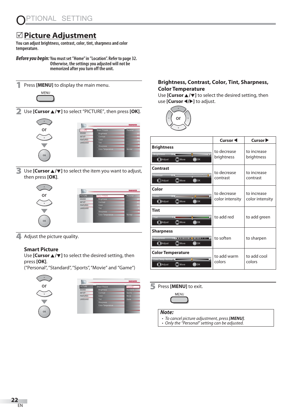 Ptional setting, Picture adjustment, Before you begin | Smart picture, Press [menu] to display the main menu, Adjust the picture quality, Press [menu] to exit | Philips Magnavox 22MF339B User Manual | Page 22 / 118