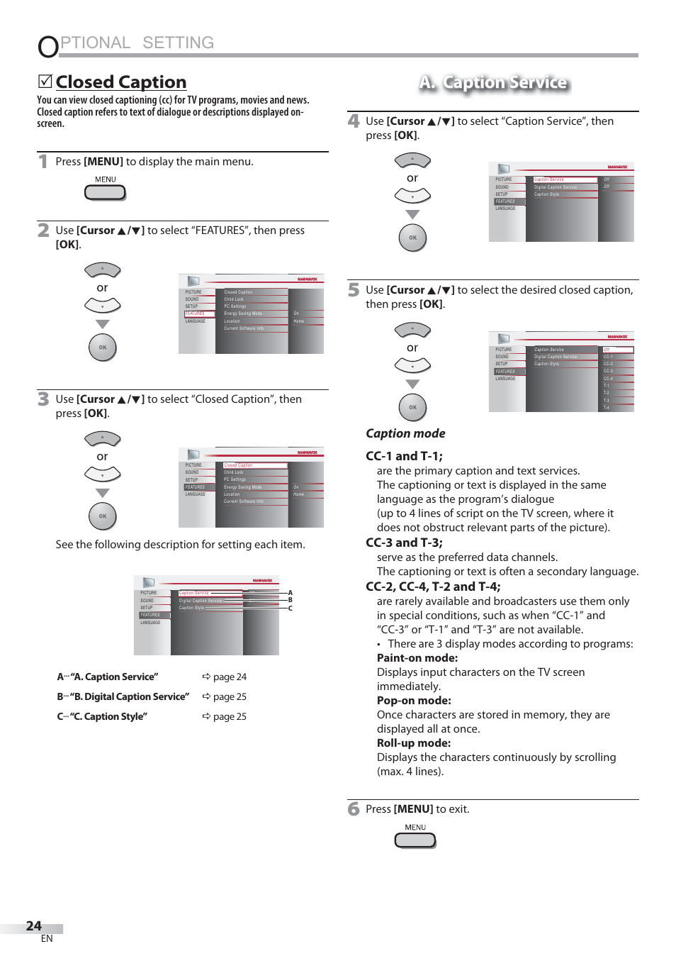Ptional setting, Closed caption, A. caption service | Caption mode cc-1 and t-1, Cc-3 and t-3, Cc-2, cc-4, t-2 and t-4, Press [menu] to display the main menu, Press [menu] to exit | Philips Magnavox 22MF339B User Manual | Page 24 / 118