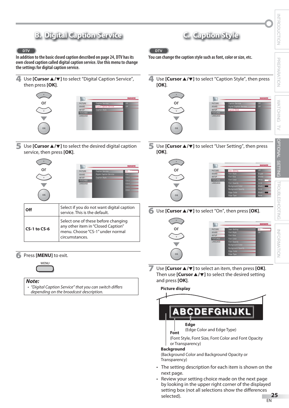 B. digital caption service, C. caption style, Press [menu] to exit | Use [cursor k / l ] to select “on”, then press [ok | Philips Magnavox 22MF339B User Manual | Page 25 / 118