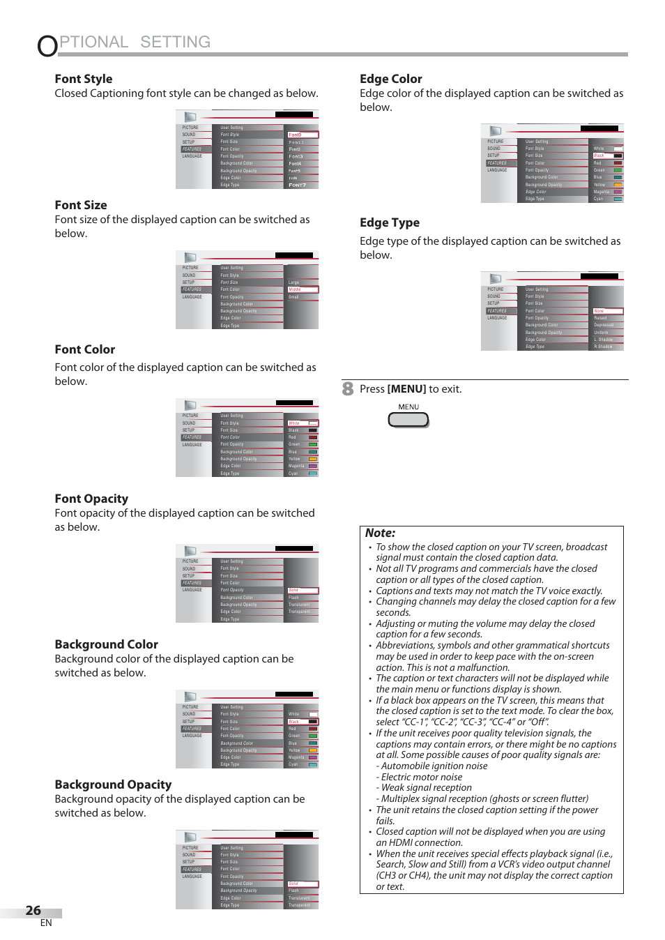 Ptional setting, Font style, Font size | Font color, Font opacity, Background color, Background opacity, Edge color, Edge type, Press [menu] to exit | Philips Magnavox 22MF339B User Manual | Page 26 / 118