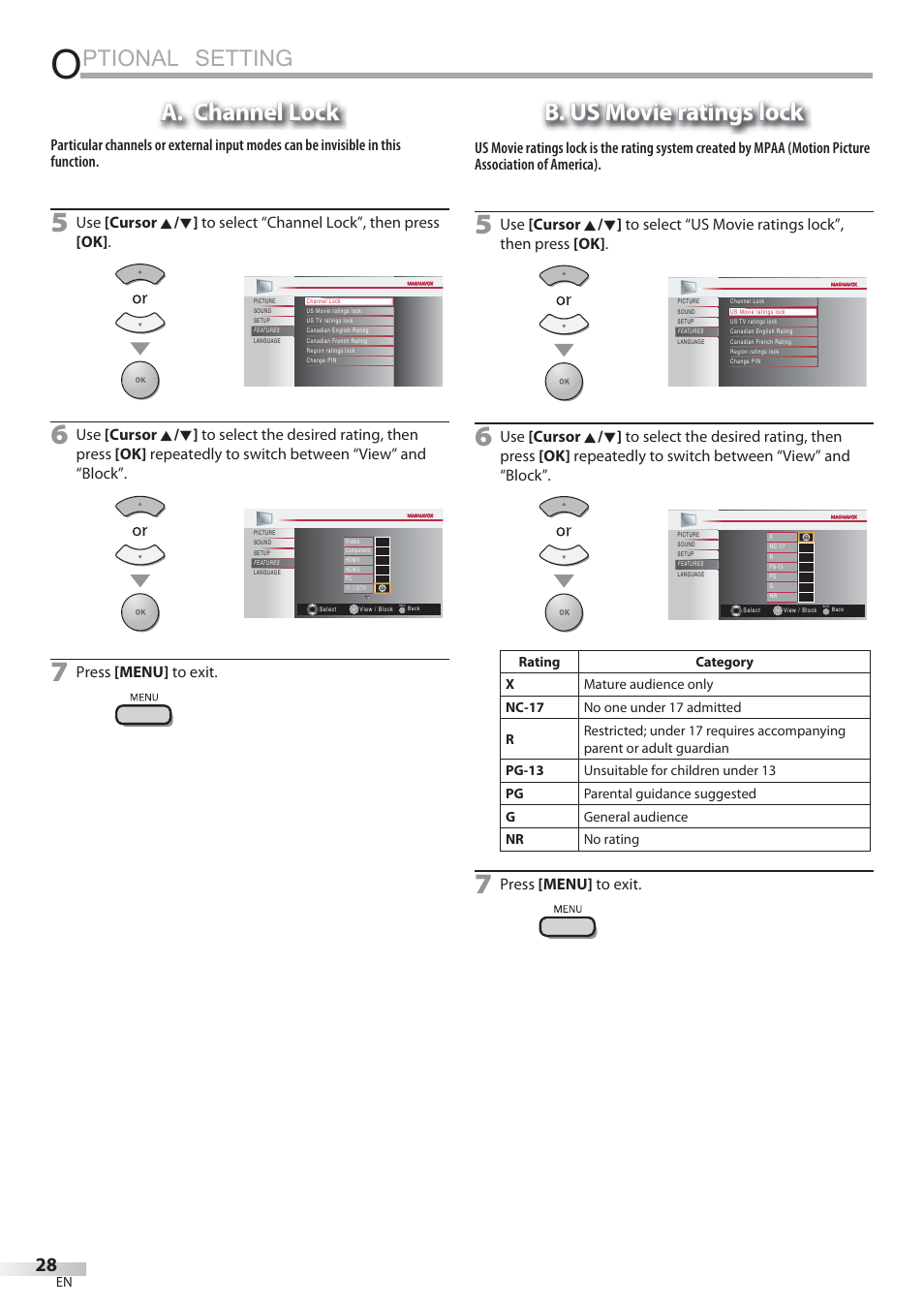 Ptional setting, A. channel lock, B. us movie ratings lock | Press [menu] to exit | Philips Magnavox 22MF339B User Manual | Page 28 / 118
