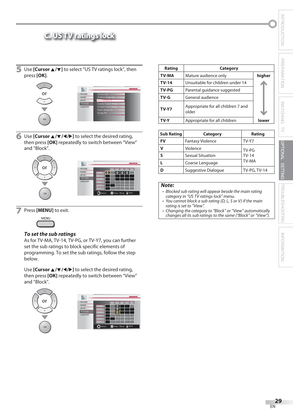 C. us tv ratings lock, Press [menu] to exit | Philips Magnavox 22MF339B User Manual | Page 29 / 118