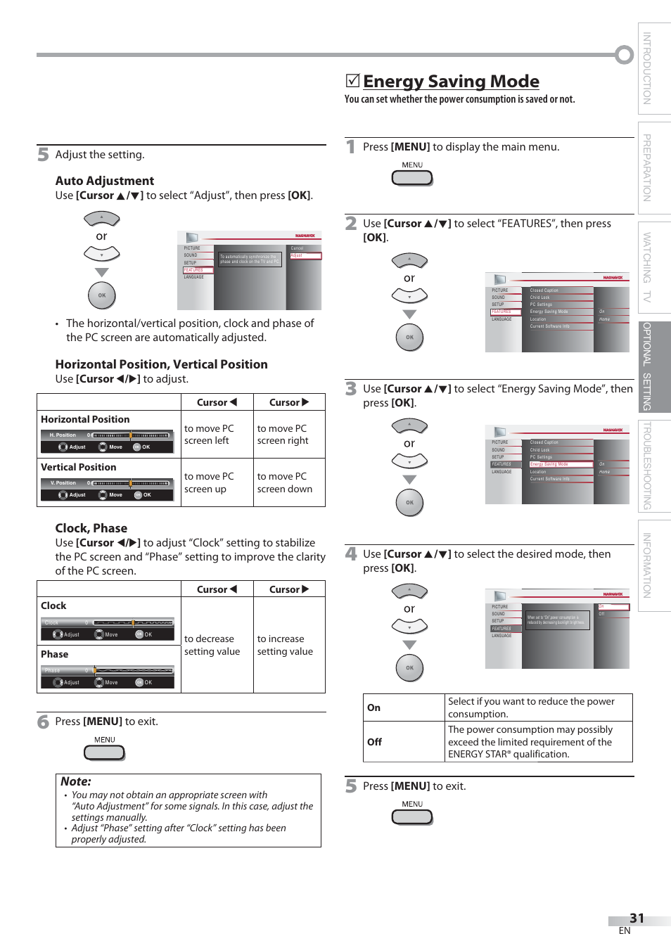 Energy saving mode, Auto adjustment, Horizontal position, vertical position | Clock, phase, Adjust the setting, Use [cursor s / b ] to adjust, Press [menu] to exit, Press [menu] to display the main menu | Philips Magnavox 22MF339B User Manual | Page 31 / 118