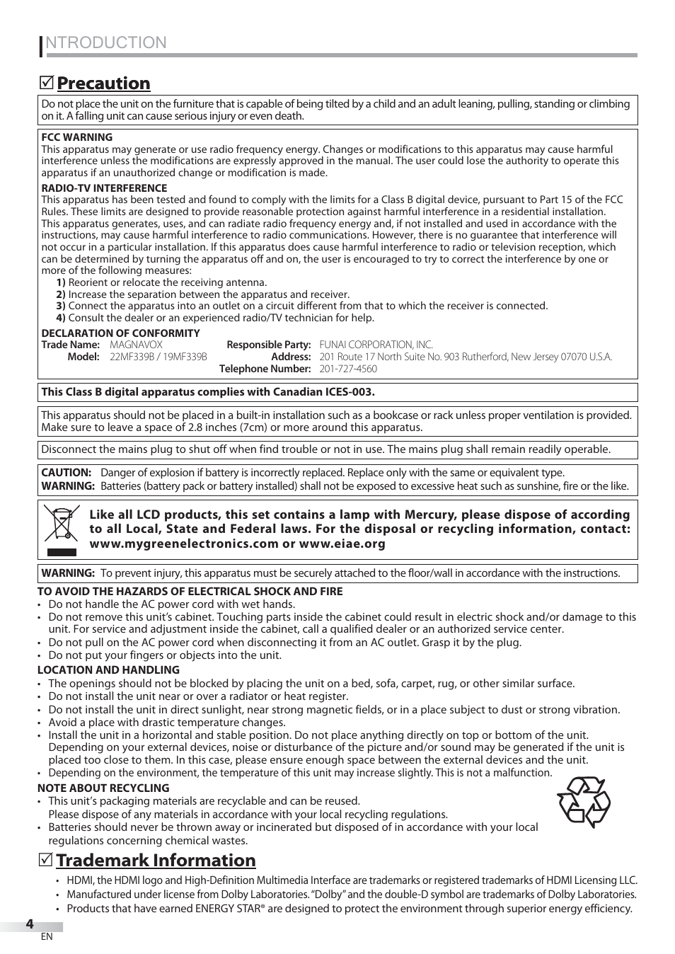 Ntroduction, Precaution  precaution, Trademark information | Philips Magnavox 22MF339B User Manual | Page 4 / 118